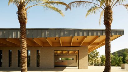 California Winery with cantilevered roof, palms