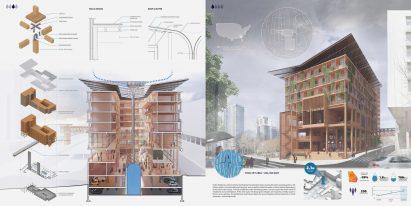 Board showing visualisations and diagrams of a building with plants