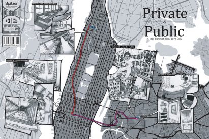 Diagram showing map of New York with comic strip style illustrations