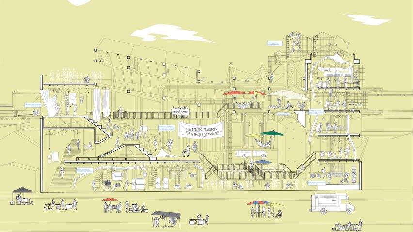 Sectional diagram of building on green yellow background