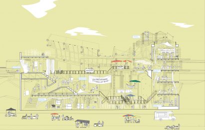 Sectional view of building on green yellow background