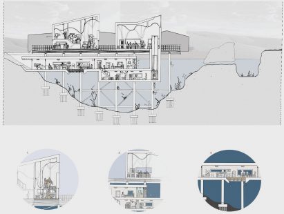 Section drawings of a building built over a lake
