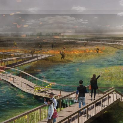 Render of a wooden walkway across wetlands