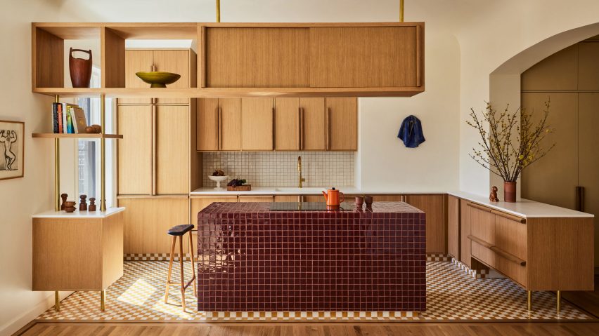 Kitchen with glazed tiles in East Village apartment
