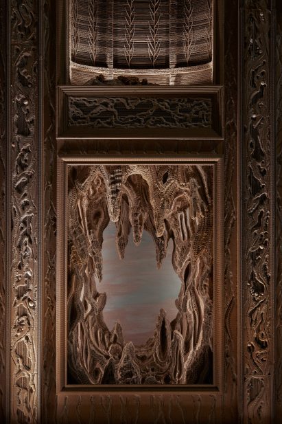Image of a decorative cardboard panel on the installation at the Dior show