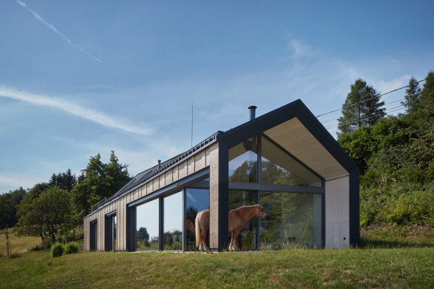 Photograph showing countryside house with horse in front