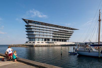Exterior view of stacked glass building