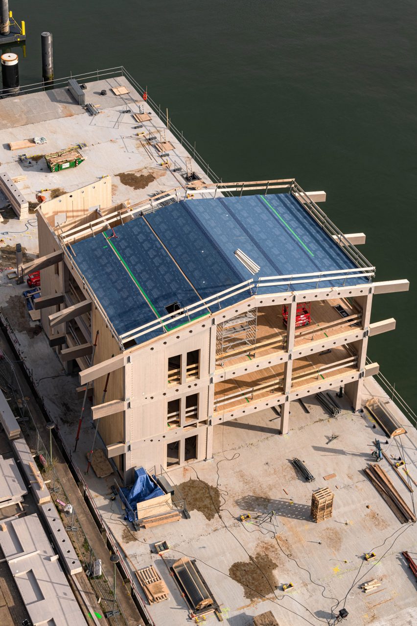 Prefab timber frames of Floating Office Rotterdam under construction