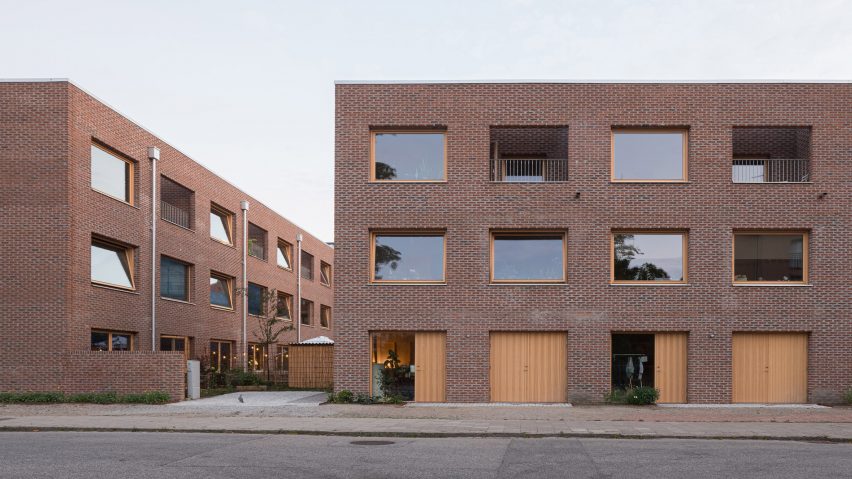 Elevation view of two of the Swedish townhouse blocks from street level