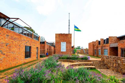 Exterior image of a garden courtyard at the Learning + Sports Center