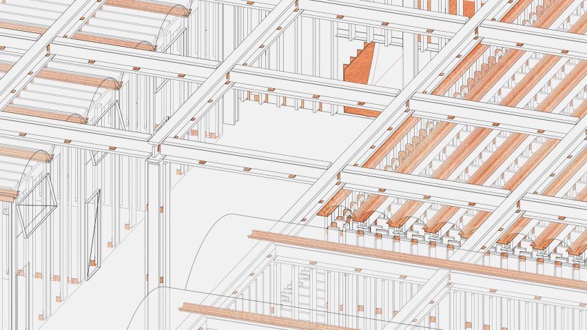 Isometric line drawing and a warehouse-like building structure with orange highlights