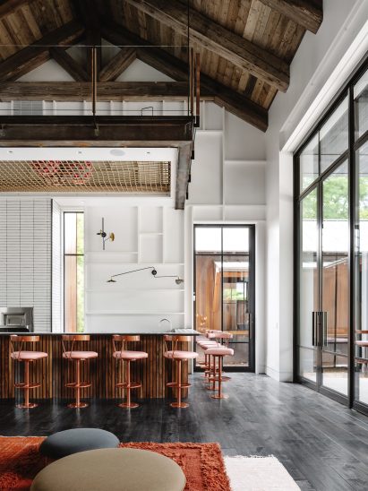 Rope hammock above bar area