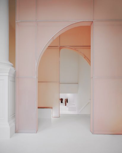 Pink fabric arch inside Jonathan Simkhai store