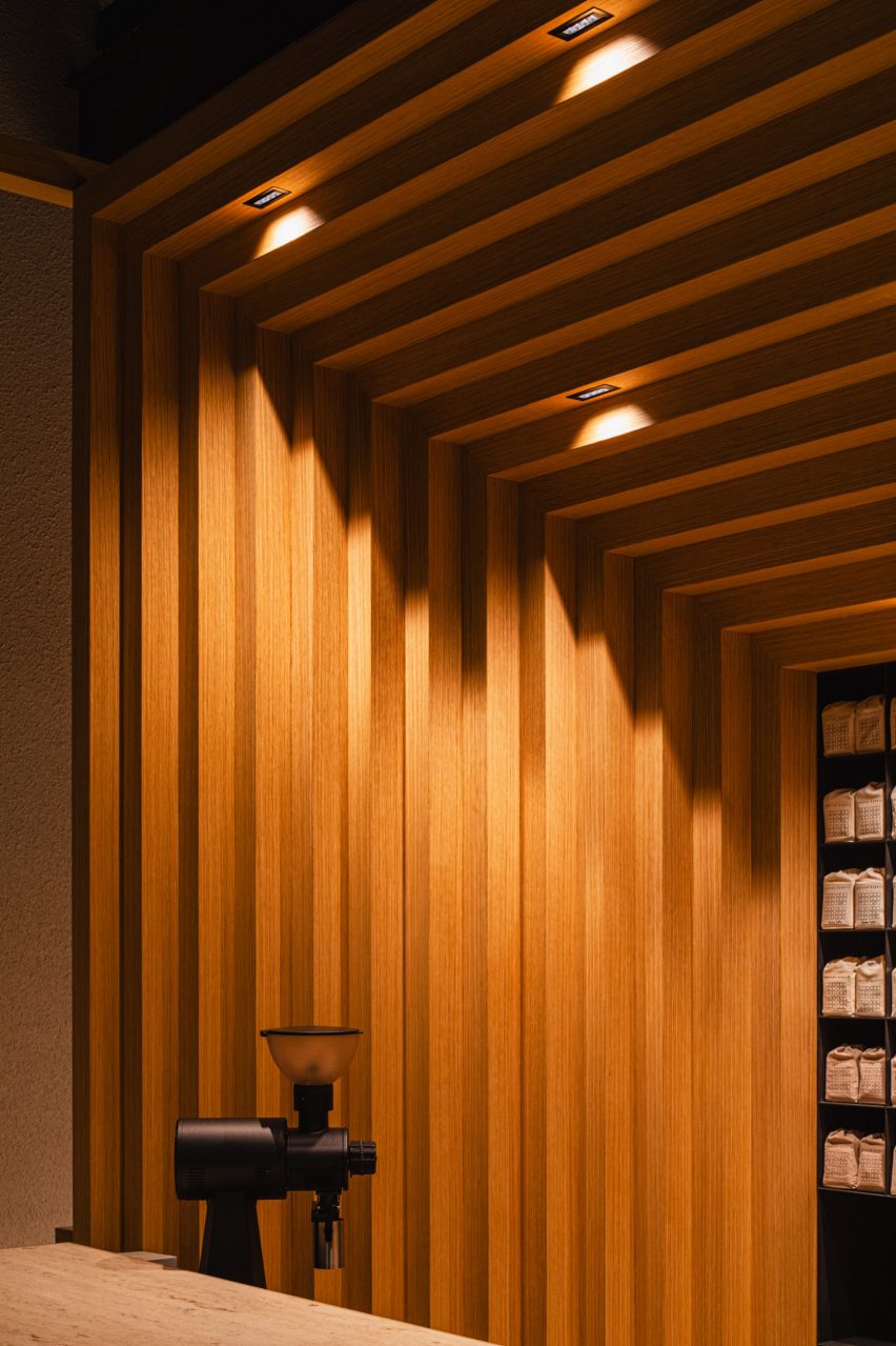 Coffee grinder on counter in timber interior