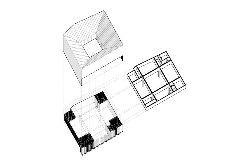 Exploded isometric drawing of LR House