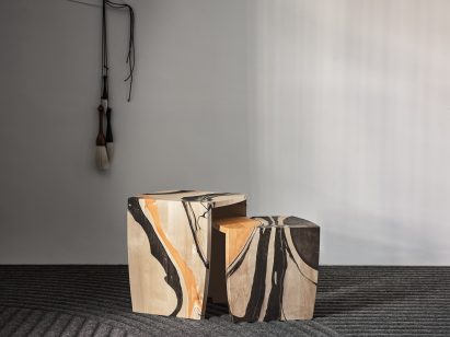 Low tables in borch with brown and orange pattern