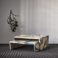 Wooden table with a marbled print
