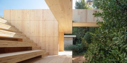 Wooden steps leading to a lookout at the Barcelona Pavilion