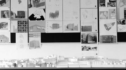 Wall display of student work at Universidad Politécnica de Madrid