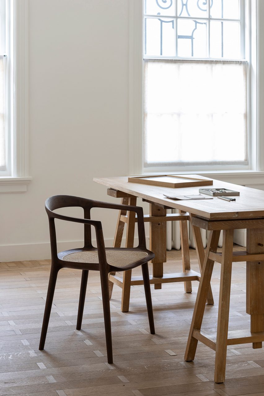 Wooden chair in a room at a wooden desk