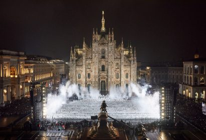 Aerial photo of the Moncler show in front of the Piazza del Duomo in Milan