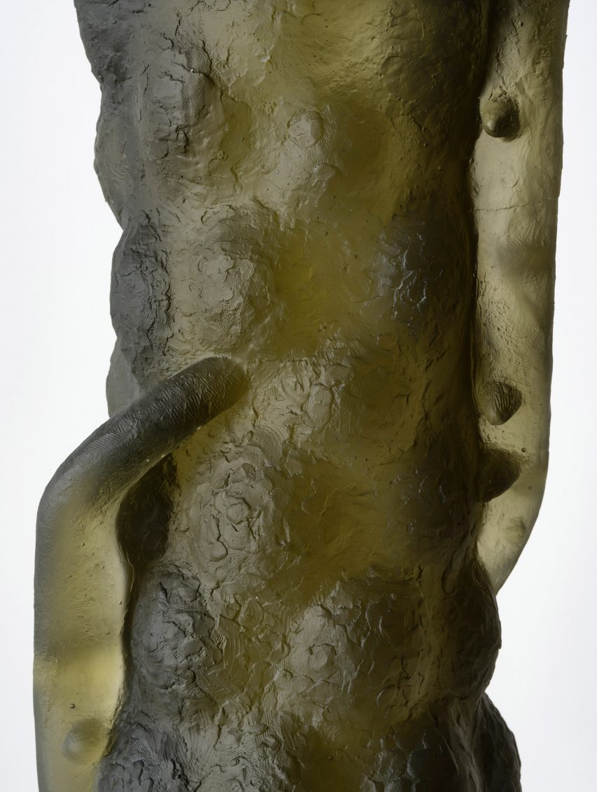 Detail of green textured glass sculpture