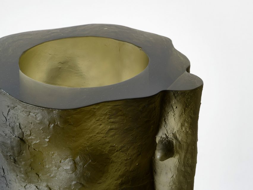 Detail of green textured glass sculpture