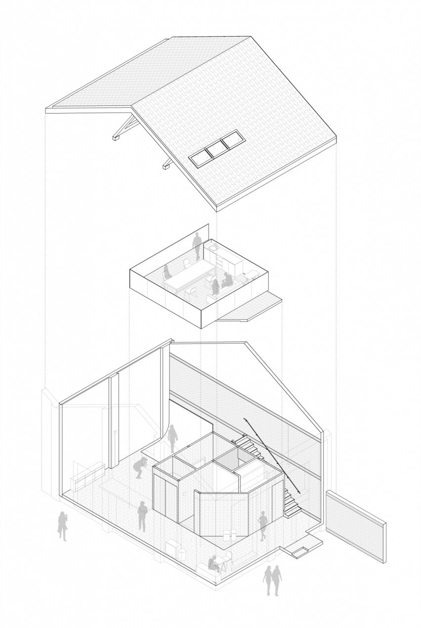 Exploded axonometric drawing of HNS Studio