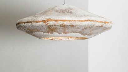 A pendant lampshade made from mushrooms