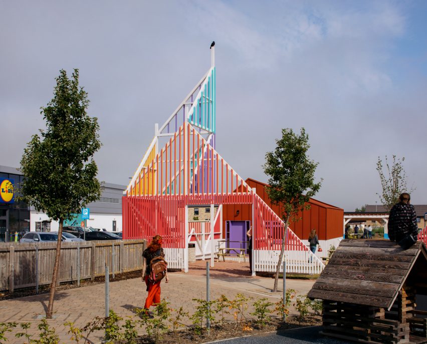 Walk-Up Avenue colourful timber batten "beacon" entrance by New Practice with planting
