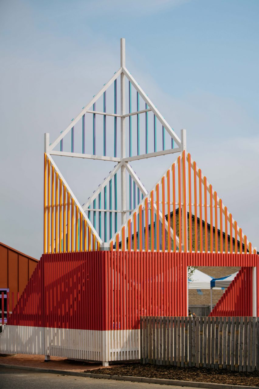 Colourful beacon entrance made from timber battens