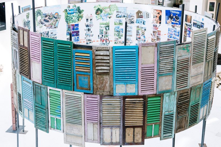 Strcture made of wooden shutters at Nothing is Possible exhibition by Potato Head and OMA