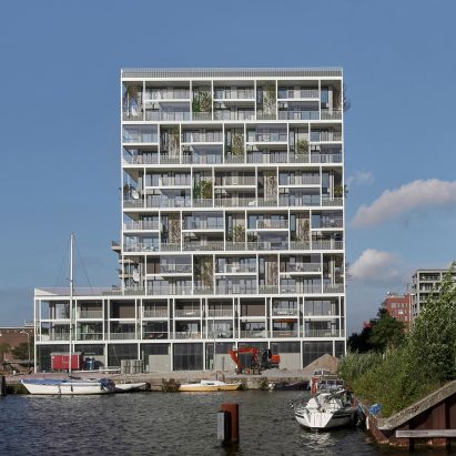 Front elevation of Stories housing by Olaf Gipser Architects