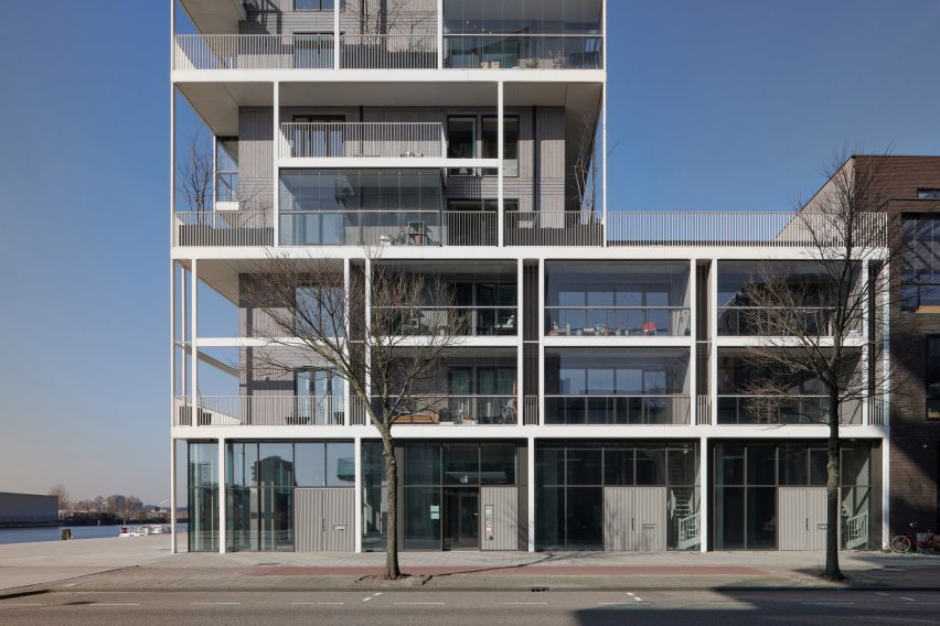 Exterior of Stories housing in Amsterdam by Olaf Gipser Architects