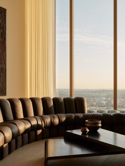 Sofa in living room of One Park Drive penthouse