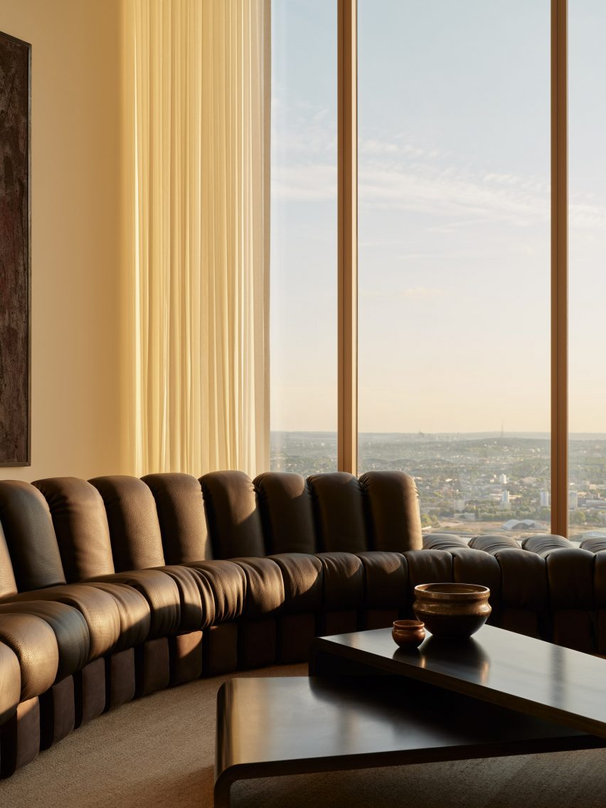 Sofa in living room of Canary Wharf penthouse