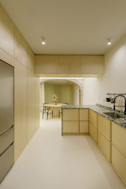 Wooden kitchen inside Open Heart Lisboa's artist residence
