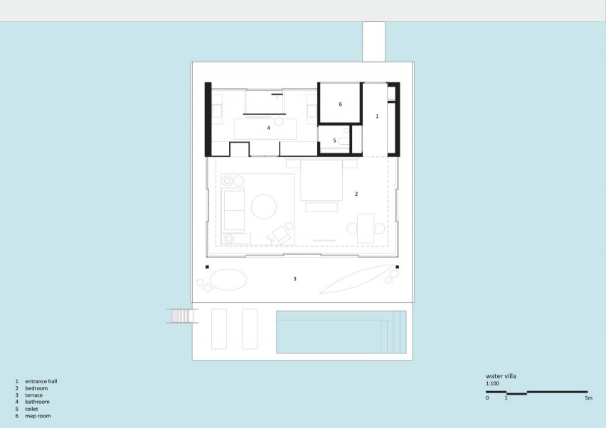 Water villa floor plan, Patina Maldives by Studio MK27