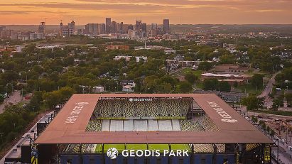 GEODIS stadium at sunset with Nashville in the background