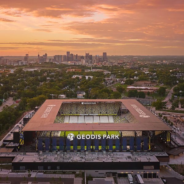GEODIS stadium at sunset with Nashville in the background