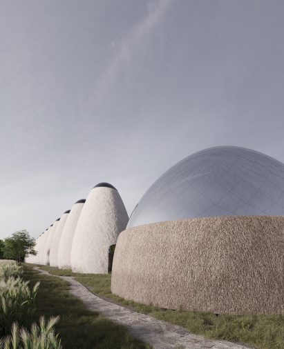Render of glass-domed greenhouse with reed thatching at the base