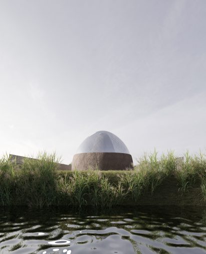 Render of glass-domed greenhouse with reed thatching at the base designed by Victoria Yakusha for Maria's Way museum
