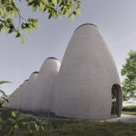 Render of conical rotunda halls in Maria's Way museum by Victoria Yakusha showcasing work by Maria Prymachenko