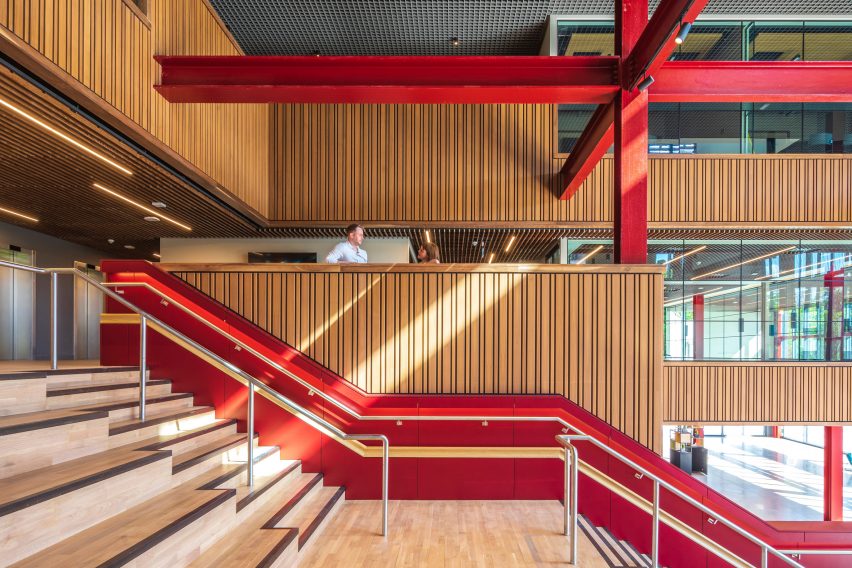 Interior of One Elmwood student hub at Queens University in Belfast by Hawkins\Brown and RPP Architects