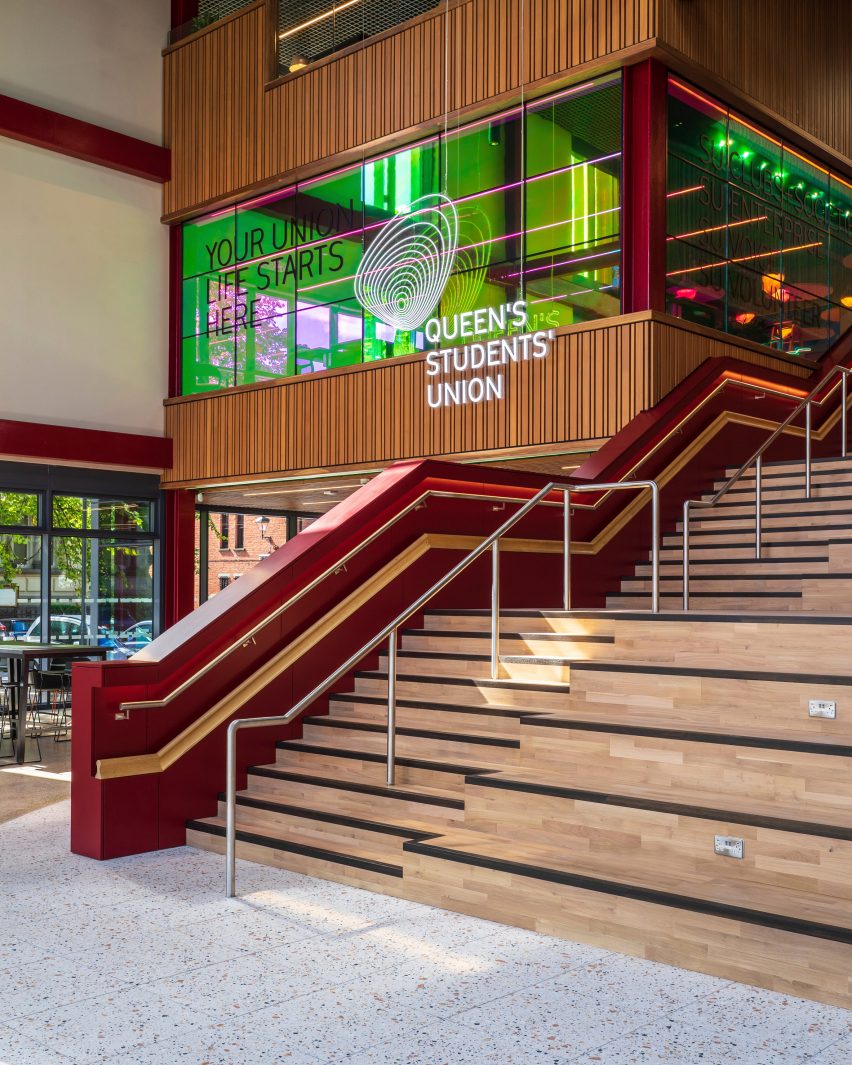 Interior of One Elmwood student hub at Queens University in Belfast by Hawkins\Brown and RPP Architects