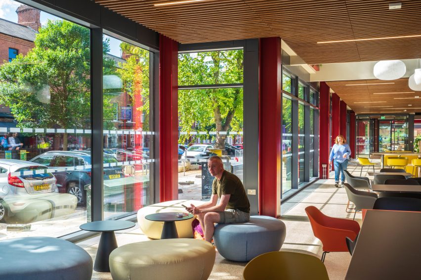 Interior of One Elmwood student hub at Queens University in Belfast by Hawkins\Brown and RPP Architects