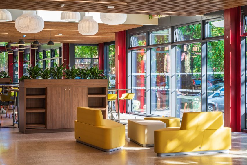Interior of One Elmwood student hub at Queens University in Belfast by Hawkins\Brown and RPP Architects
