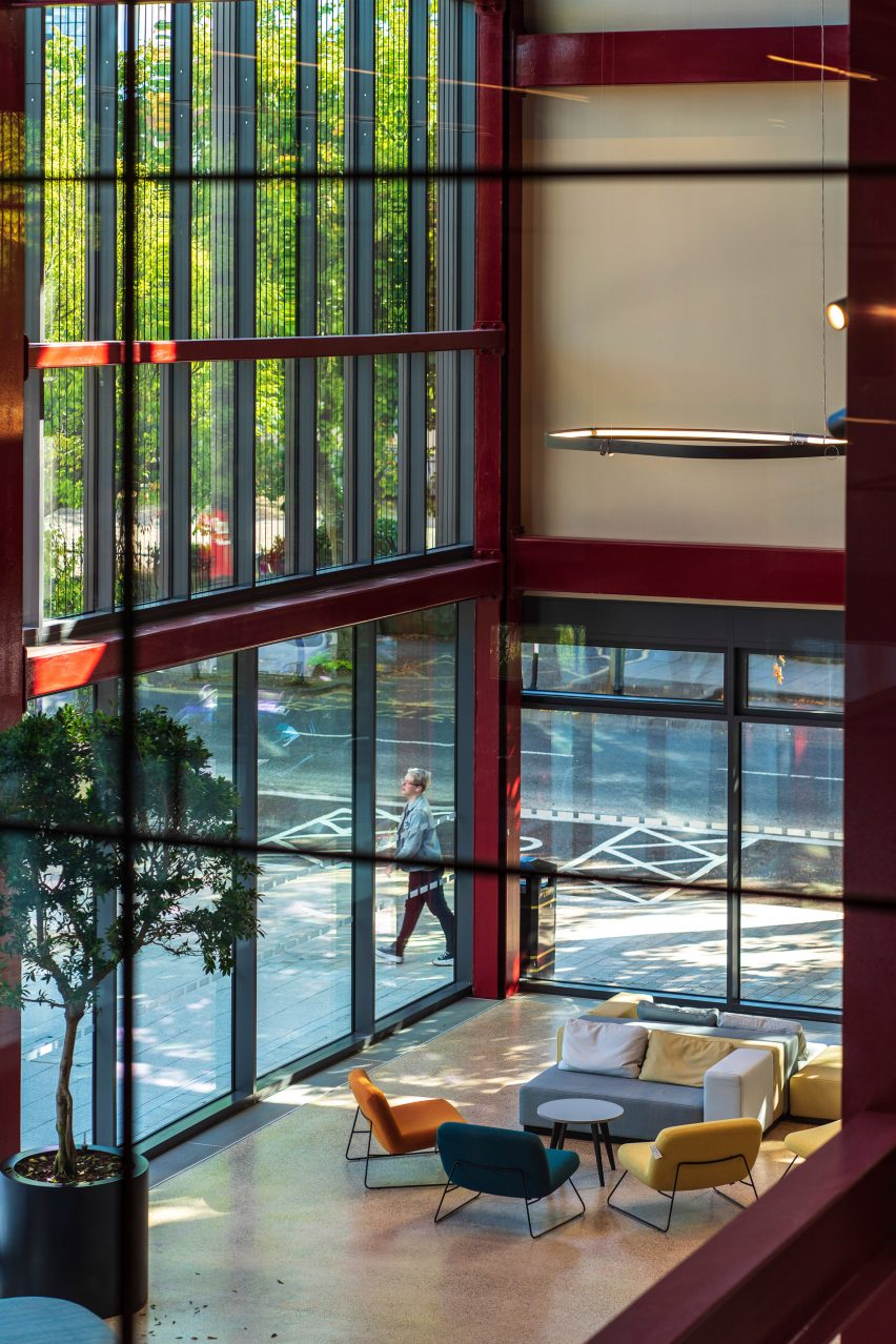 Interior of One Elmwood student hub at Queens University in Belfast by Hawkins\Brown and RPP Architects