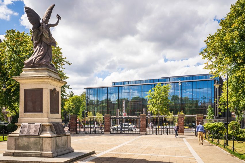 Exterior of One Elmwood student hub at Queens University in Belfast by Hawkins\Brown and RPP Architects