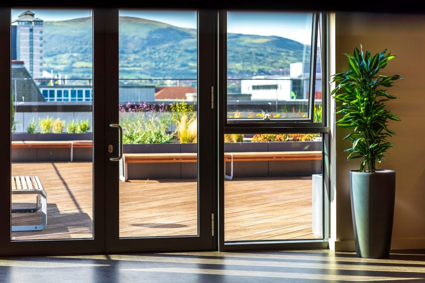 Interior of One Elmwood student hub at Queens University in Belfast by Hawkins\Brown and RPP Architects
